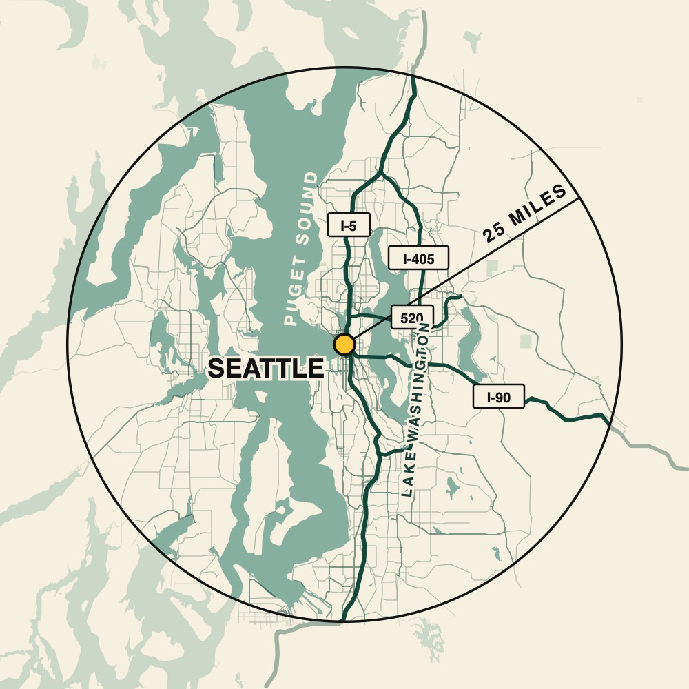 Map of the Seattle area showing Puget Sound, Lake Washington and the main highways, with a circle marking 25 miles around the center of Seattle