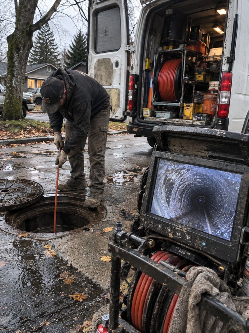 Crew member at a street sewer access with a monitor and equipment van