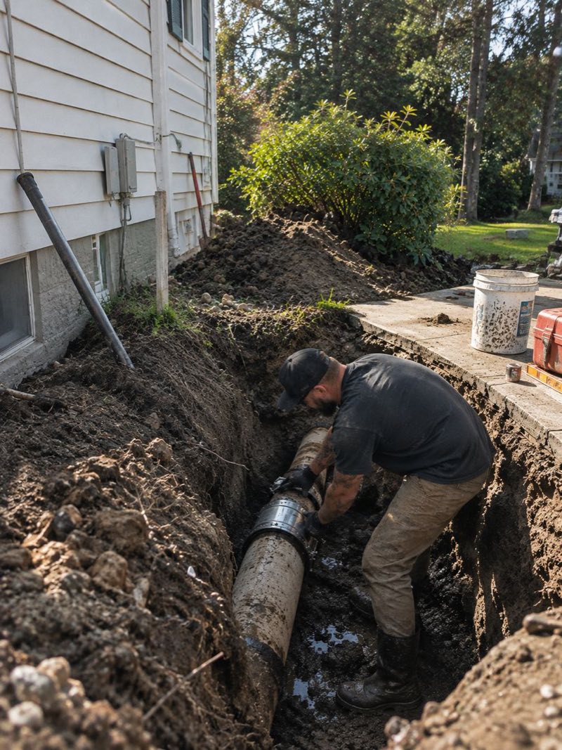 Crew member working on an exposed sewer pipe in a trench beside a house