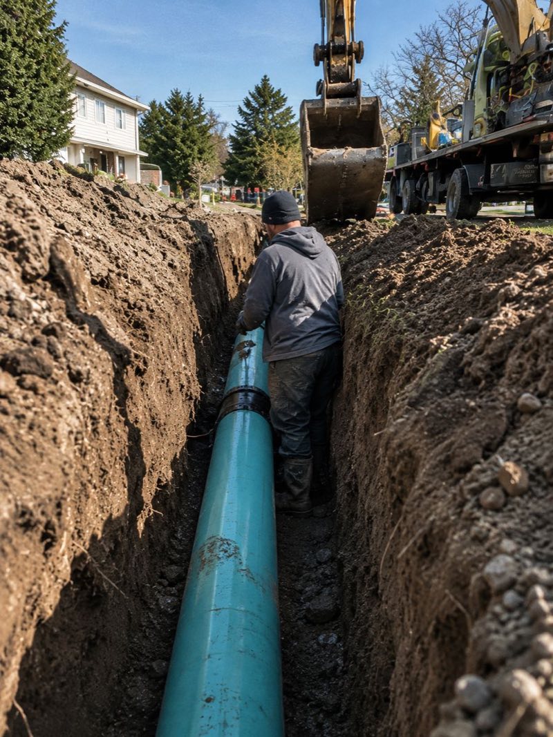 New sewer pipe laid in a long trench, excavator in the background