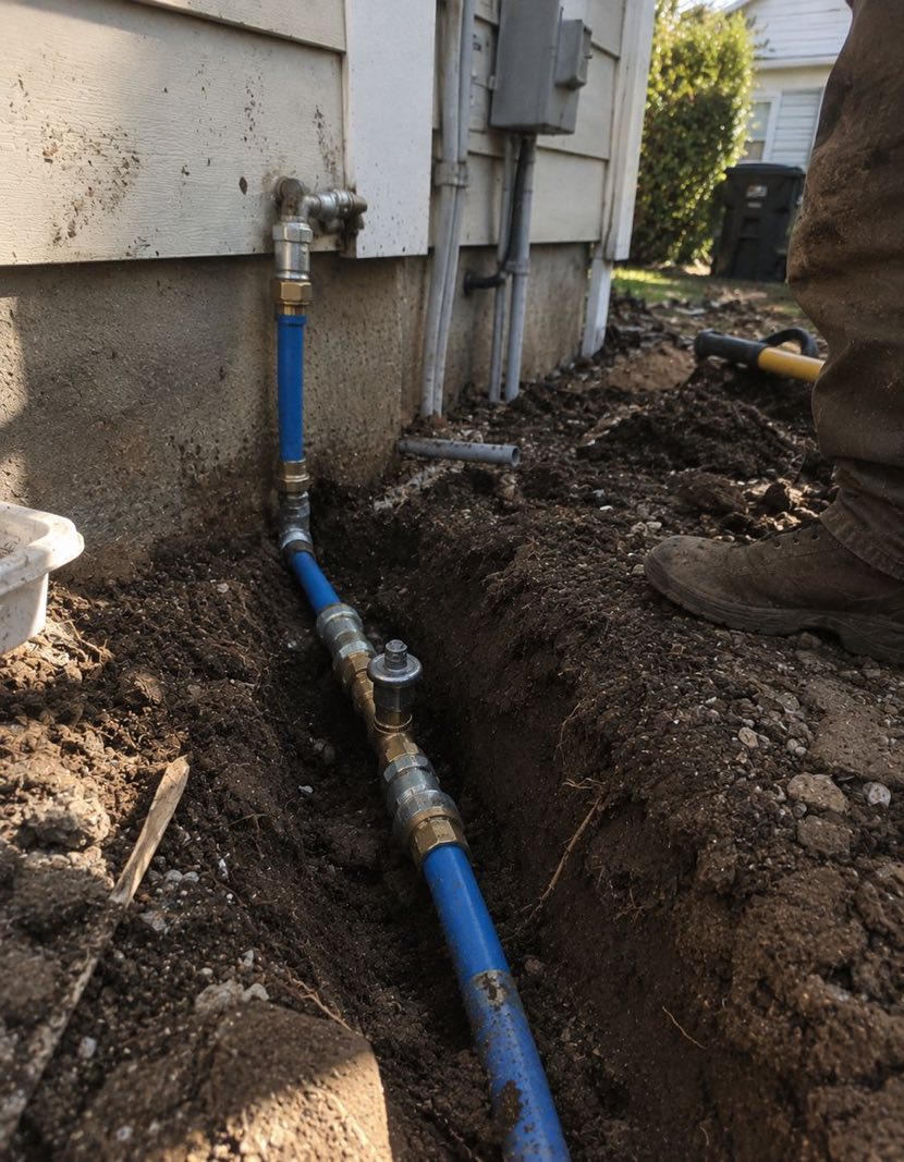 Water line exposed in a trench running along the side of a house